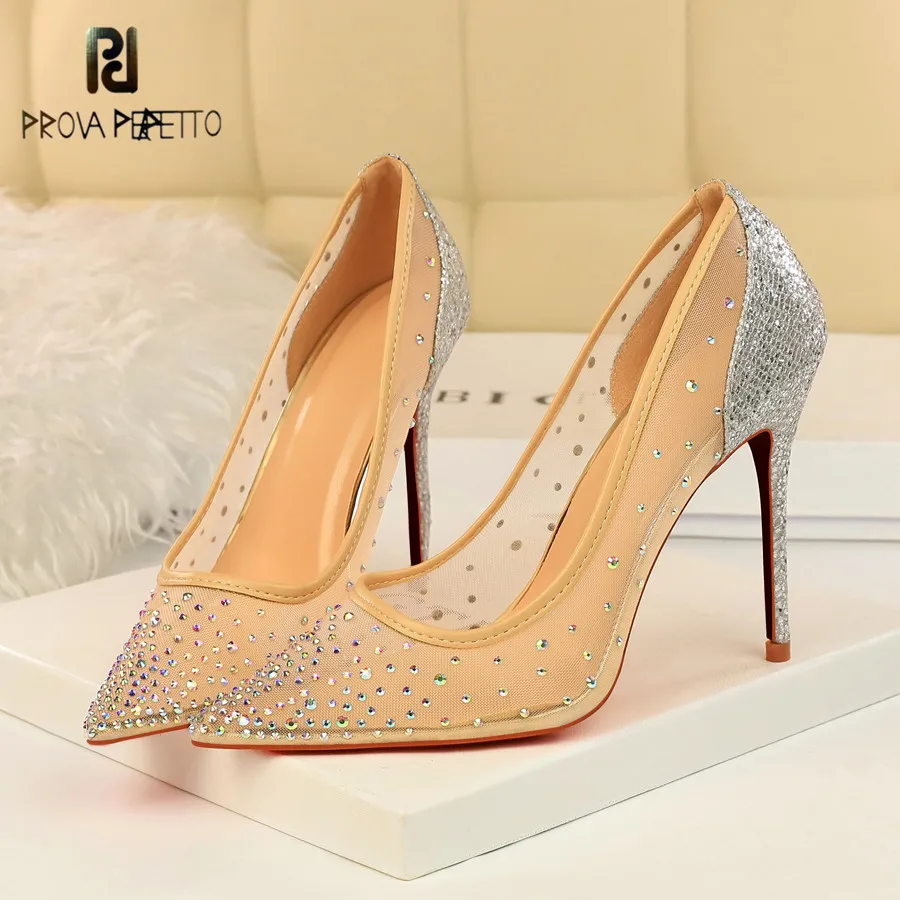

Prova Perfetto Black High Heels Wedding Shoes Womens Pumps Pointed Toe Ladies Night Club Sexy Crystal Hollow-out Woman Pumps