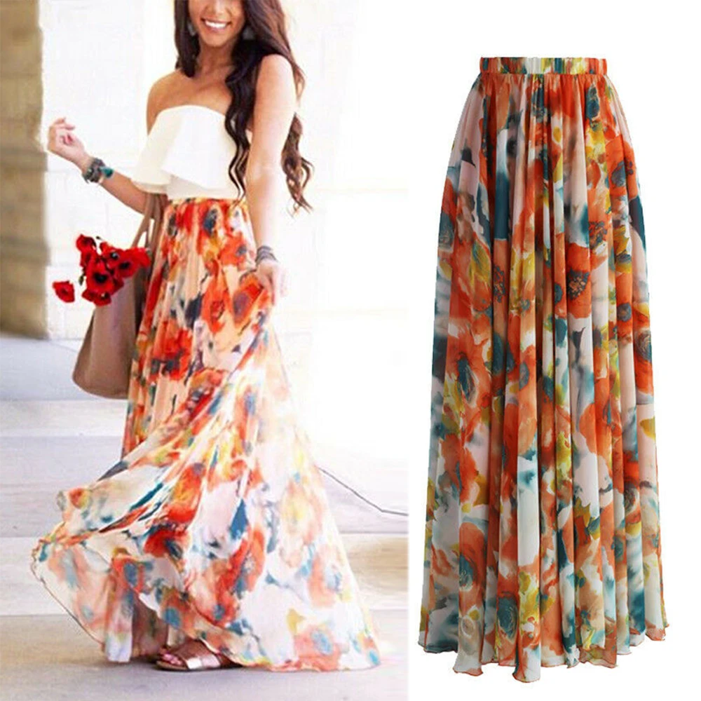 

LASPERAL New Arrived Floral Printed Skrit Women Ladies Bohemian Tribal Floral Skirt Maxi Long Summer Beach Long Casual Skirt