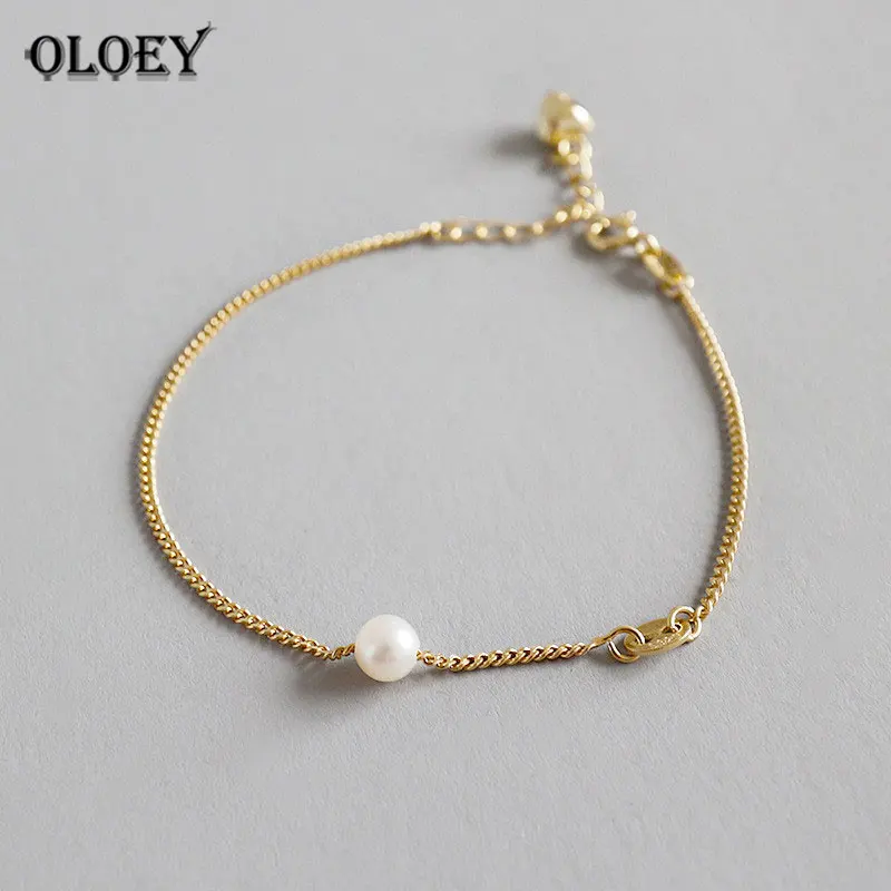 

OLOEY 100% Genuine 925 Sterling Silver Chain Bracelet Fine Jewelry Fresh Water Pearl Gold Charm Bracelets for Women Gift YMB052