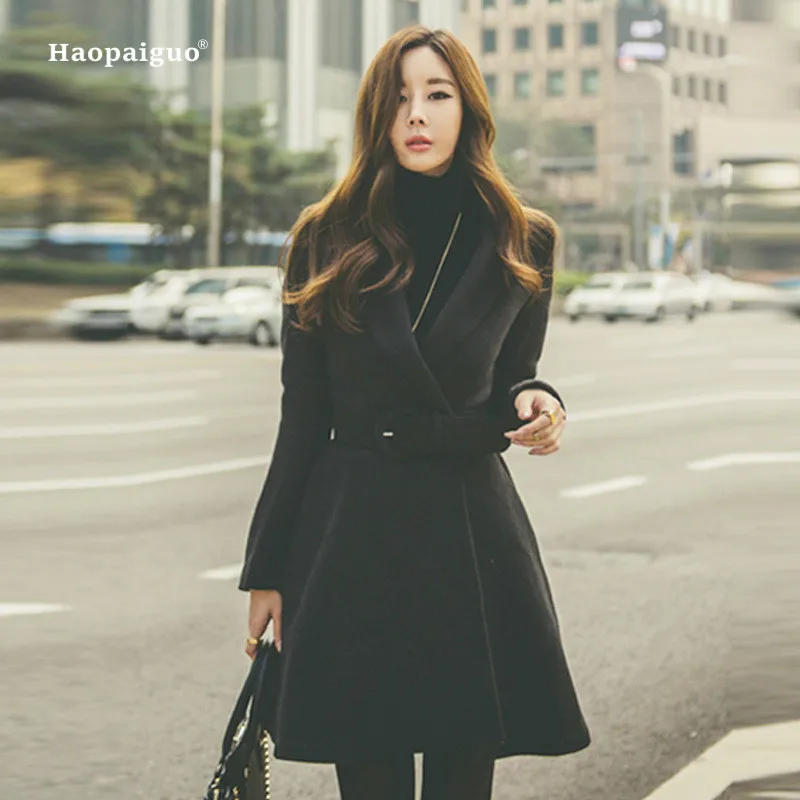 

Women Autumn Winter Fashion Coats 2018 Elegant Full Sleeve Turn-down Collar Woollen Casual Long Coat A-line Ladies Outwear Coats