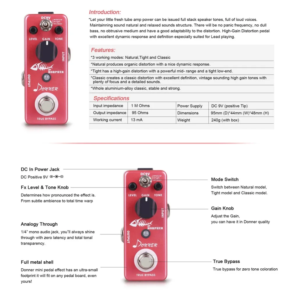 Donner Morpher distorsion Guitar Effect Pedal 3 режима аксессуары для гитары Высокая степень искажения педали True Bypass