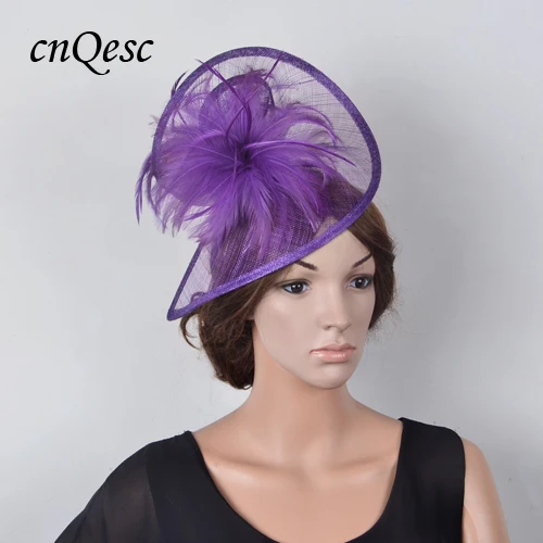 Новая Большая бордовая винная церковная шляпа для свадебных гонок Sinamay, чародей, шляпка-шляпка с цветком из перьев для Ascot, Kentucky Derby - Цвет: Violet purple