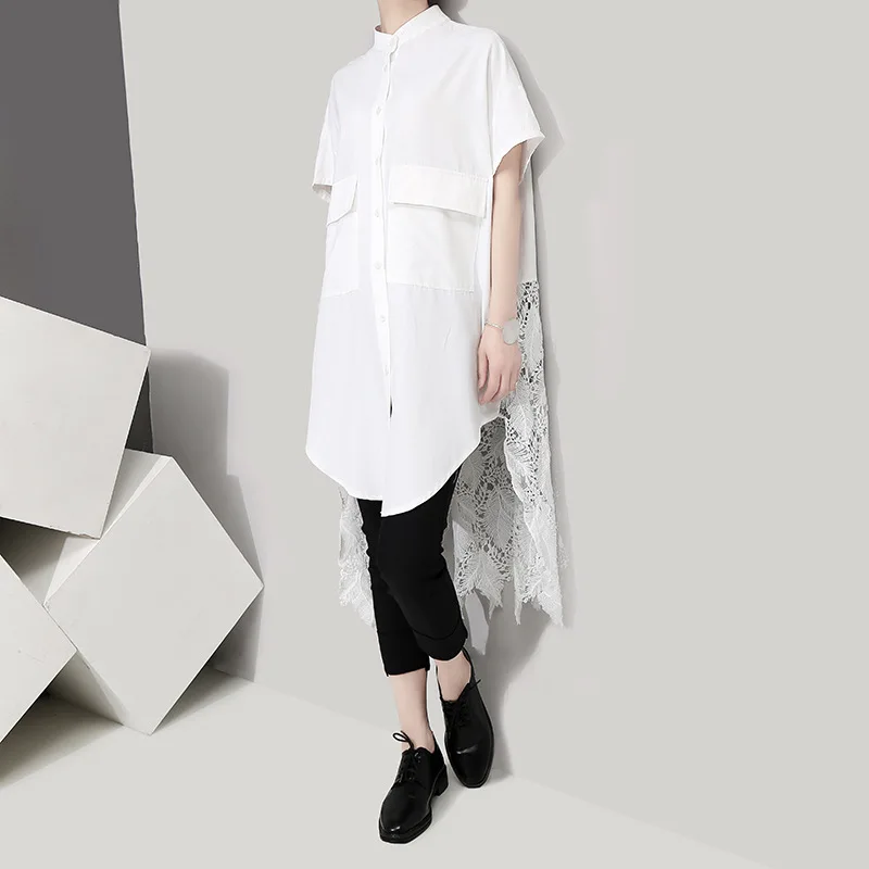 

Johnature High Street Summer 2019 New Fashion Spliced Lace White Short Sleeve Womens Tops And Blouses Korean Simple Long Shirt