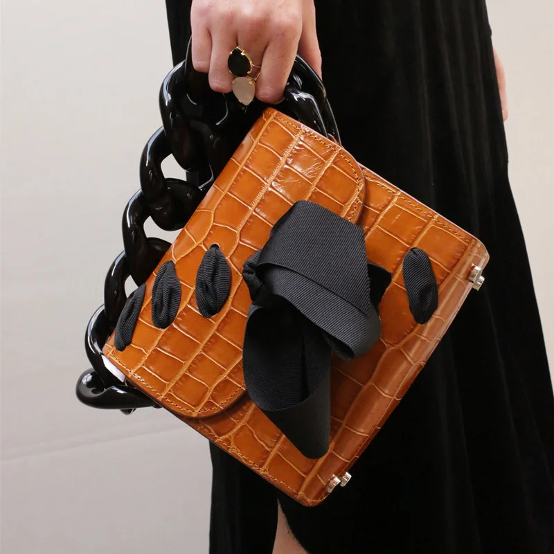 

European Women Handbag Acrylic Chain Small Square Bag Retro Bow Crocodile Pattern Bags Women Shoulder Messenger Bag Bolso 2019