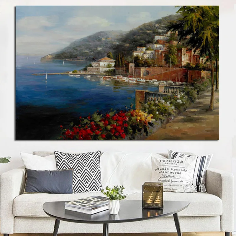 Goede Print Abstract Resort Mediterrane Zeegezicht Tuin Landschap Olieverfschilderij Moderne Poster Muur Foto voor Woonkamer