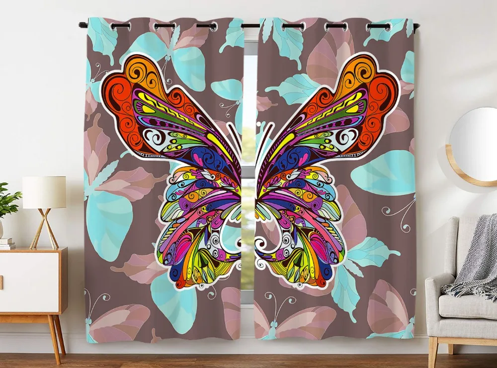 

HommomH Curtains (2 Panel) Grommet Top Darkening Blackout Room Colorful Butterfly