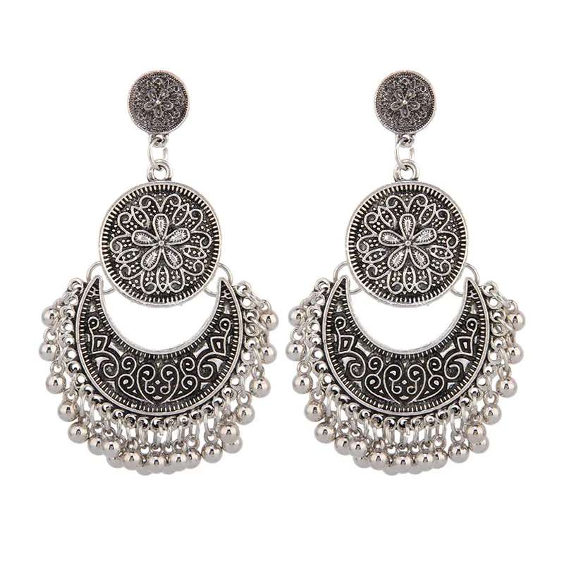 

Bohemian Vintage Ethnic Tibetan Gold Silver Hollow Sun Moon Gypsy Dangle Earrings For Women Indian Hollow Flower Earring Jewelry