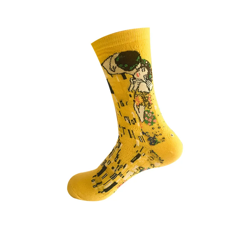 Новые популярные женские Носки с рисунком маслом Мона Лиза модные хипстерские Носки с рисунком Ван Гога хлопковые мужские сумасшедшие носки Длинные крутые забавные носки - Цвет: Yellow Kiss