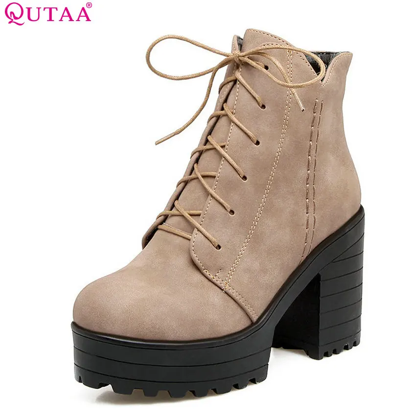 

QUTAA 2018 Women Ankle Boots Fashion Pu Leather Square High Heel Round Toe Platform Spring/Autumn Women Ankle Boot Ssize 34-43