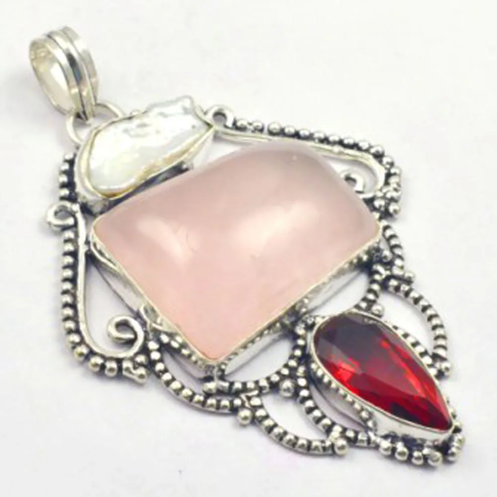 

Rose Quarts & Garnets Pendant Silver Overlay over Copper, USA Size 76 mm , P5217