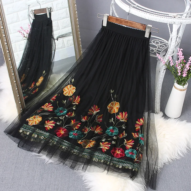 

YiLin Kay 2019 summer Elastic waist flower embroidery gauze skirt.sexy Boho Elegant Black white Floral Embroidered Skirts