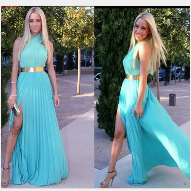 

2019 Summer New Women Max Dress Elegant Bohemian Beach Neck Sexy Maxi Dress Chiffon Halter Split Long Bodycon Dress Vestidos