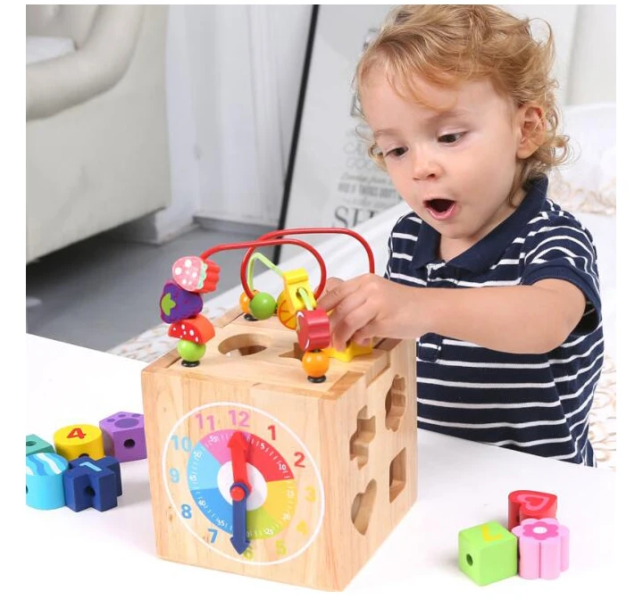 

Kids Math Shape Sorting Cube Activity Center Roller Coaster for Baby Bead Maze Toy Clock Learning Piano Wood Montessori Toys