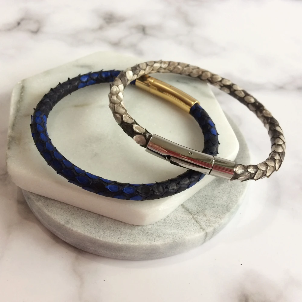 Роскошный мужской синий кожаный браслет питона с Серебристые Магнитные Элементы часы питона брендовые подлинные браслеты с кожаными ремешками для женщин
