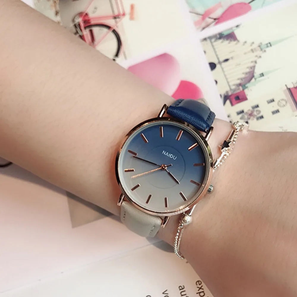 

Fashion girl's watch gradient color lady women leather band quartz pink blue green hot Sweet Students Wristwatches #276428