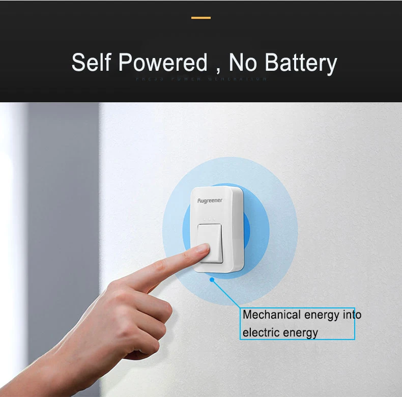 Augreener Wireless Doorbell Button Waterproof No Battery Door Bell EU US UK Plug 100M Long Working Range With 6 Stickers Augreener Wireless Doorbell Button Waterproof No Battery Door Bell EU US UK Plug 100M Long Working Range With 6 Stickers