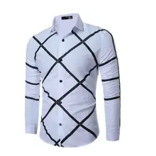 Мода Весна Осень Досуг Повседневная рубашка Paild белые рубашки мужские с длинным рукавом сетка Молодежная Геометрическая Печать платье рубашки