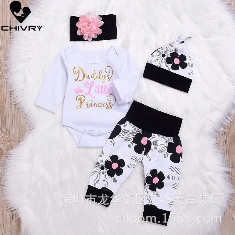 

Chivry 4Pcs Newborn Baby Girls Long Sleeve Letter Bodysuit Romper Tops + Floral Long Pants Infant Baby Girl Clothing Sets