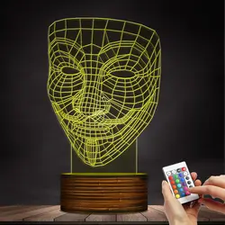 1 шт. V для Вендетта 3D иллюзия ночник ослушаться анонимный Guy Fawkes маска вечерние партии декоративные освещение светсветодио дный ящиеся