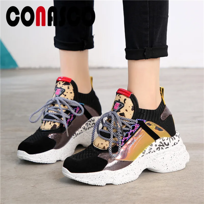 

CONASCO Fashion Sports Shoes Women Casual Platforms Flats Quality Leather Horsehair Knitting Shoes Woman Lace Up Woman Sneakers