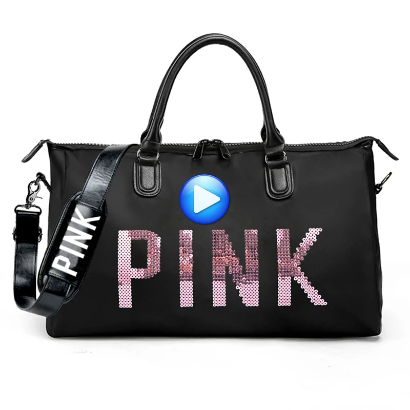 Women Pink Sport Bag Designer Metal Sequins PINK Letters Gym Fitness