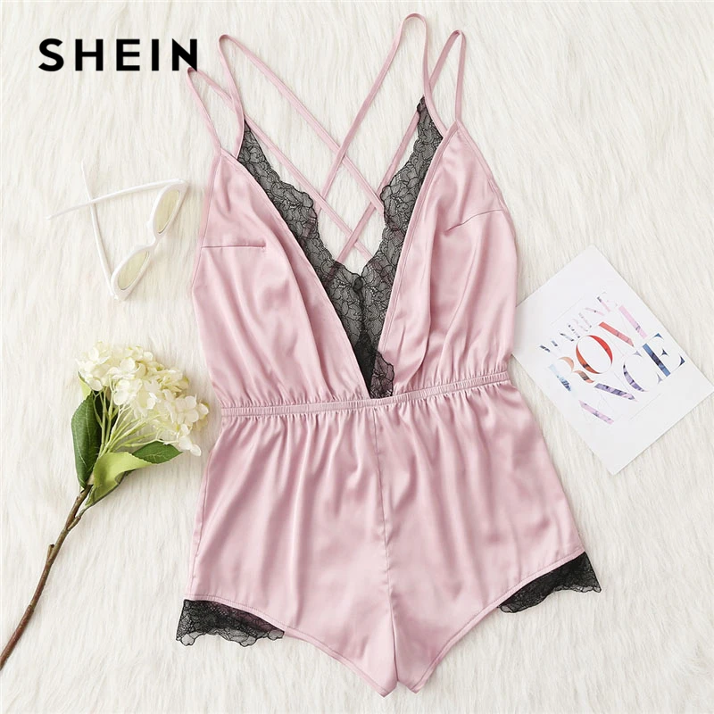 Buy SHEIN Lace Trim Crisscross Back Satin Onesies Pink