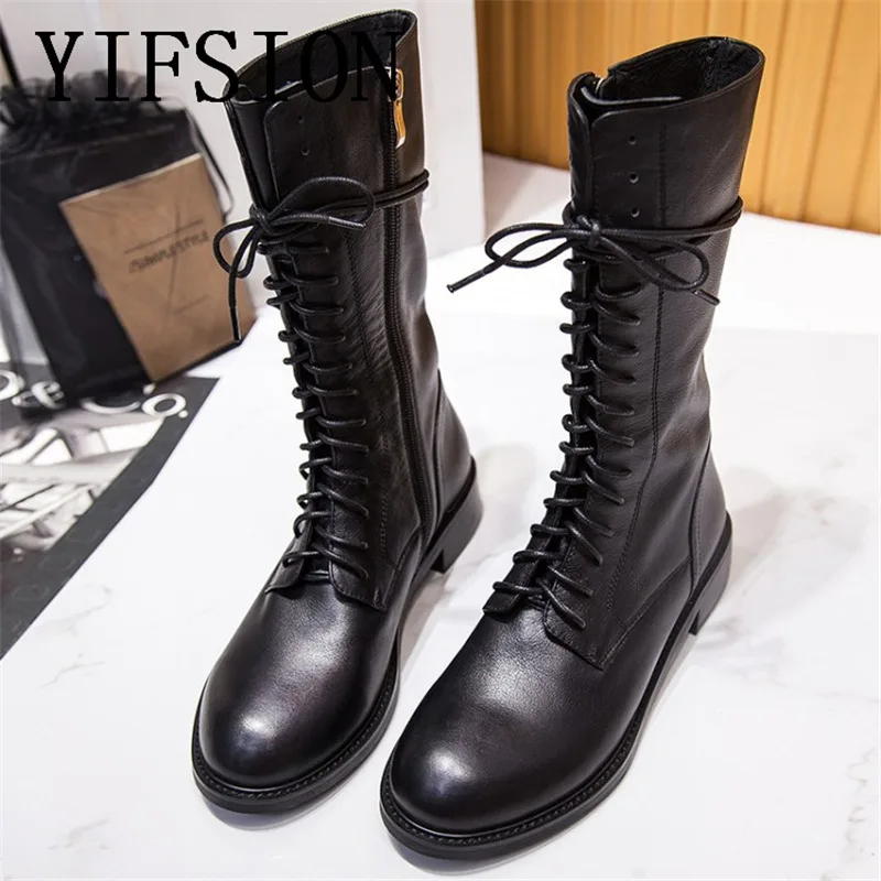 

OLOME New Black Genuine Leather Cross Tied Women Boots Round Toe Lace Up Chunky Low Heel Women Autumn Winter Boots Shoes Woman