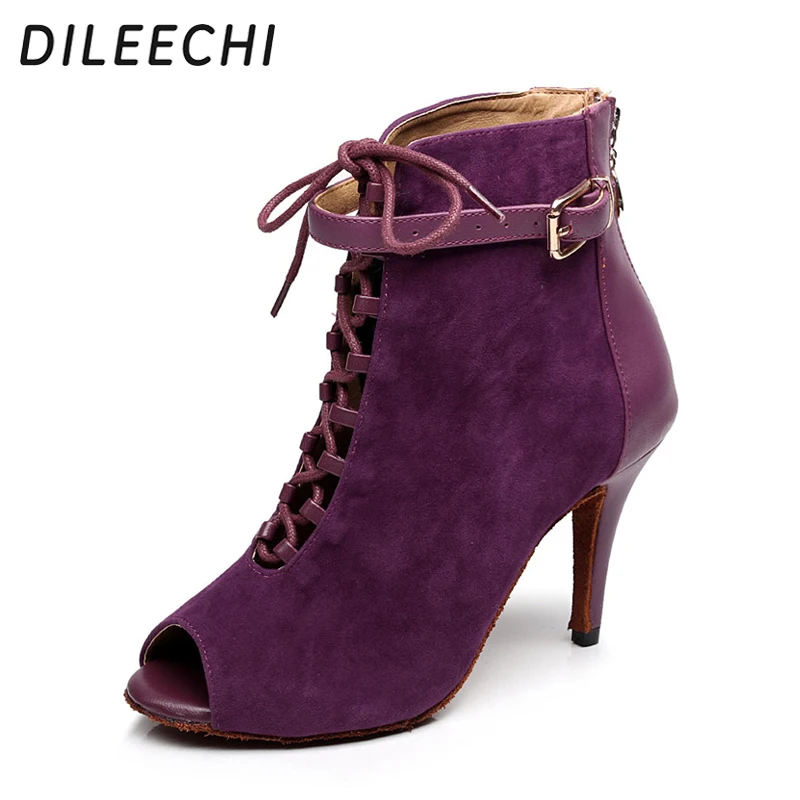 women's Black Purple velvet Genuine leather Latin dance boots high heels Party Spot zipper on back shoes dance shoes