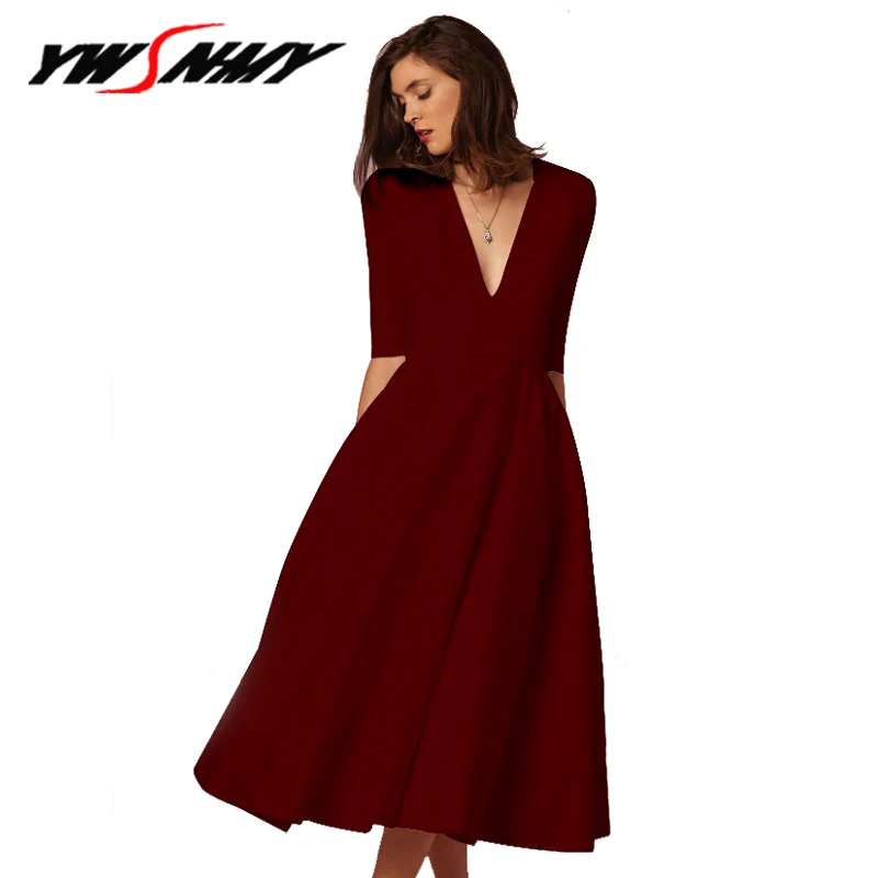 

High Quality Fashion Women Sexy Deep V High Waist Dress Half Sleeve Slim Vestidos Bodycon Dress Vintage Elegant Party Dresses