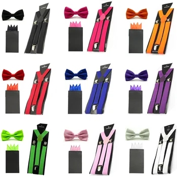 

Men Solid Color Pre-tied Bowtie 4 Point Hanky Pocket Square Braces Suspender Set SETBW0038