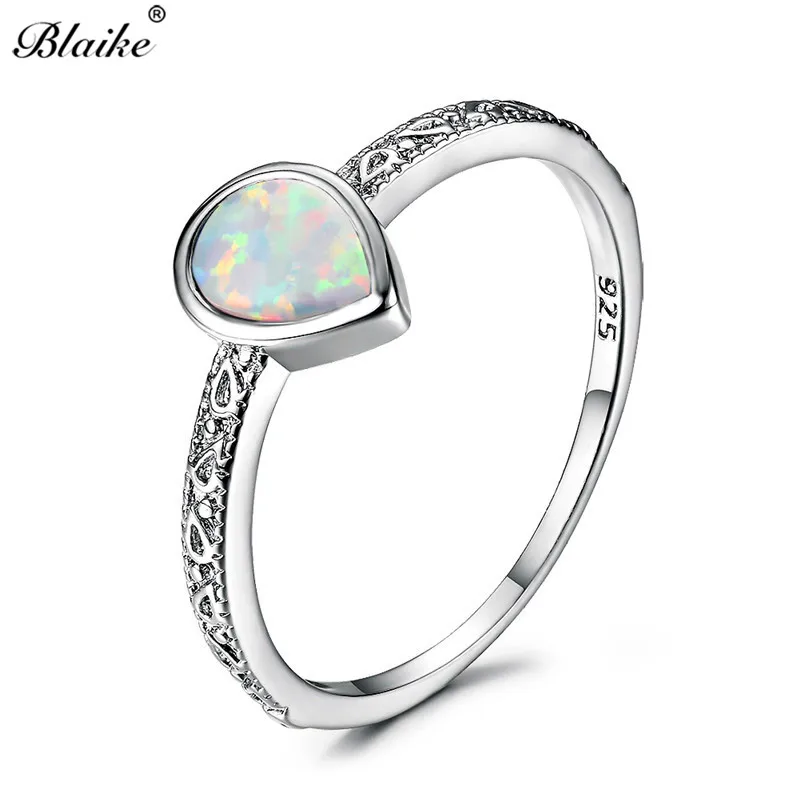 

Blaike 925 Sterling Silver Filled Water Drop White/Blue/Purple Fire Opal Rings for Women Vintage Fashion Jewelry Birthstone Ring