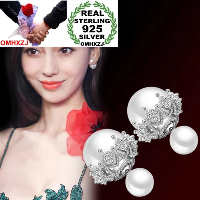 

OMHXZJ Wholesale Sweet Fashion joker Woman bride Gift High Quality Lace Double Pearl 925 Sterling Silver Stud Earrings YS307