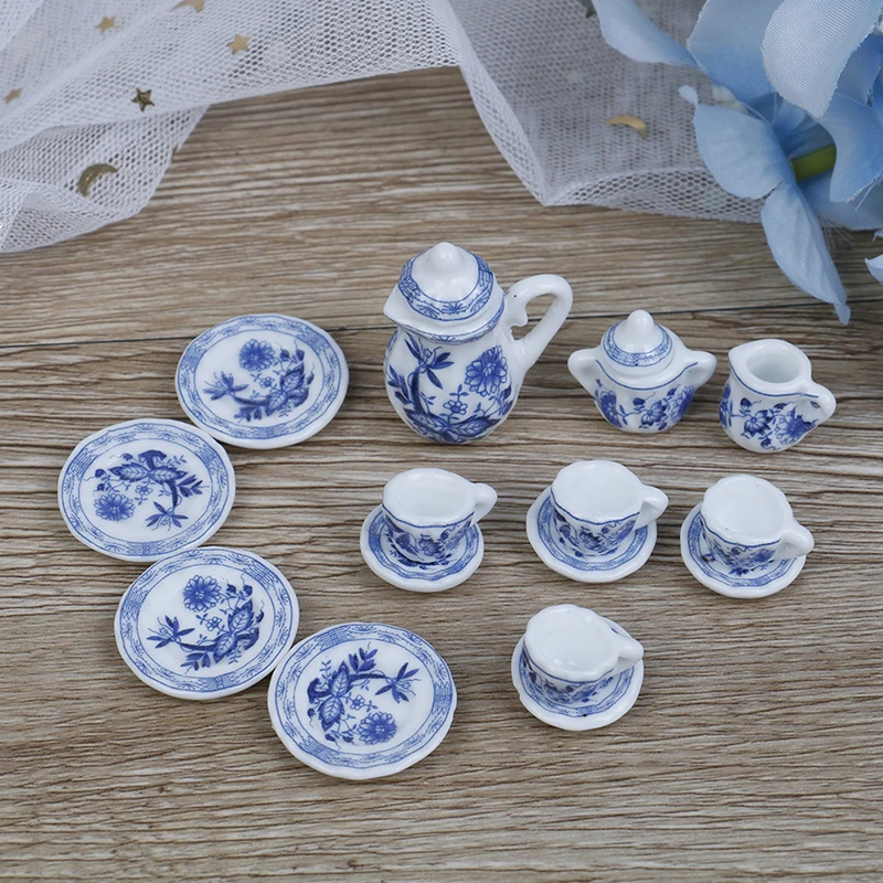 

15PCS Blue Flower Patten Porcelain Coffee Tea Cups Ceramic Tableware Dollhouse Kitchen 1/12 Miniature Accessories