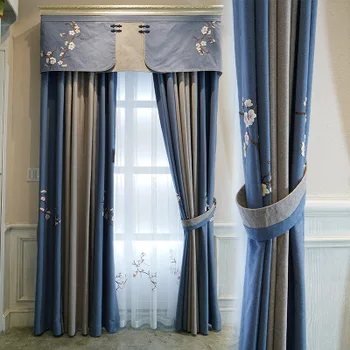 

Modern Chinese Japanese cherry blossom cotton and linen stitching embroidered curtain fabric Living room bedroom study fabric cu