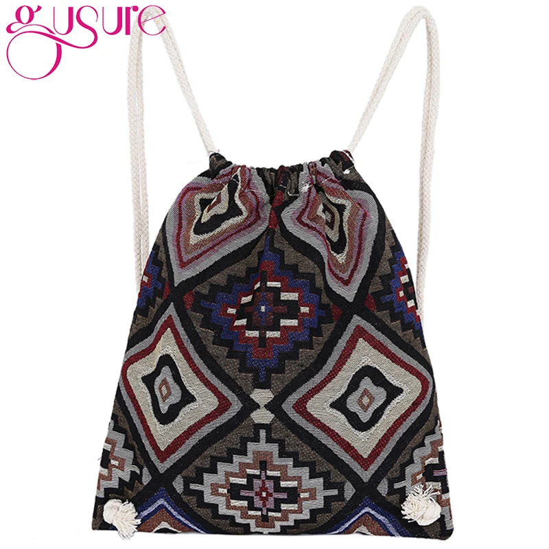 

GUSURE New Fashion National Style Drawstring Backpack for Teenager Vintage Ethnic School Bag Canvas Drawstring Sack Bags