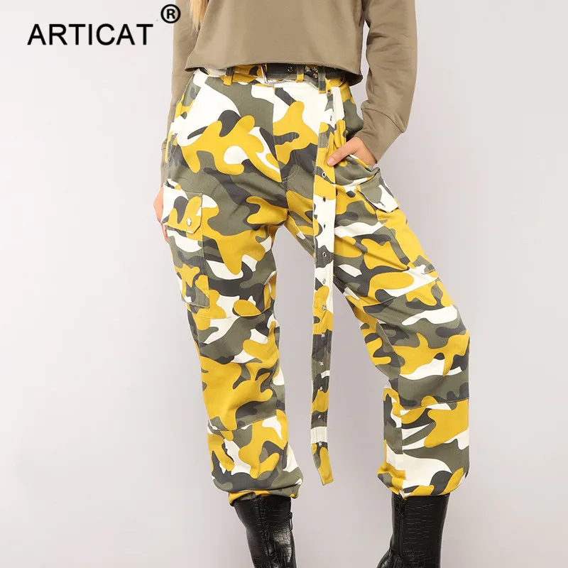 Articat Casual High Waist Military Women Harem Pants 2019 Fashion Loose Belted Pockets Trousers Wom