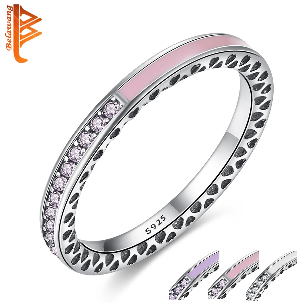 

BELAWANG 100% 925 Sterling Silver Radiant Hearts,Light Pink Enamel&CZ Crystal Finger Rings for Women Original Wedding Jewelry