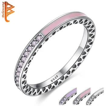 

BELAWANG 100% 925 Sterling Silver Radiant Hearts,Light Pink Enamel&CZ Crystal Finger Rings for Women Original Wedding Jewelry