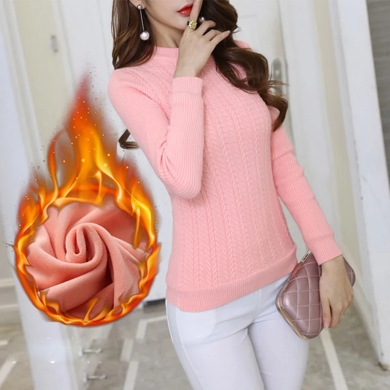 Pull femme, новинка, вельветовый утолщенный пуловер, свитер для женщин, круглый вырез, жареное тесто, Вязанный свитер, женские теплые зимние свитера - Цвет: pink with velvet