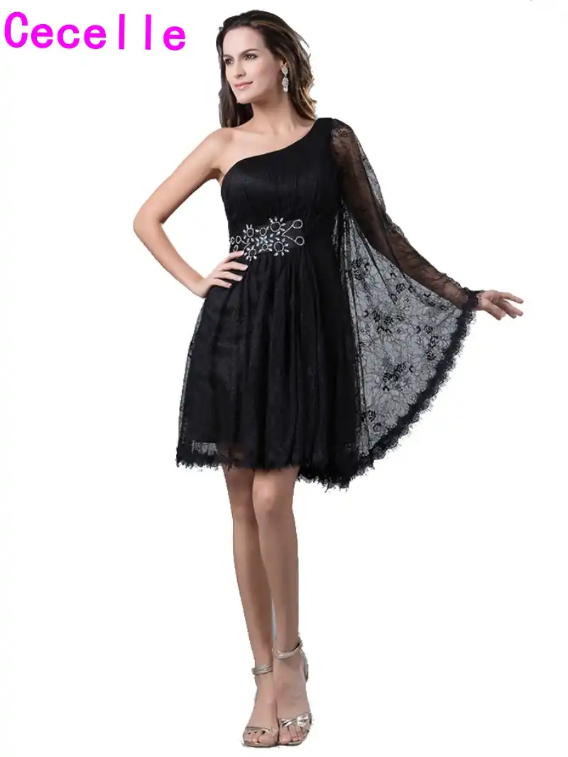 One Shoulder Black Lace Cocktail Dress