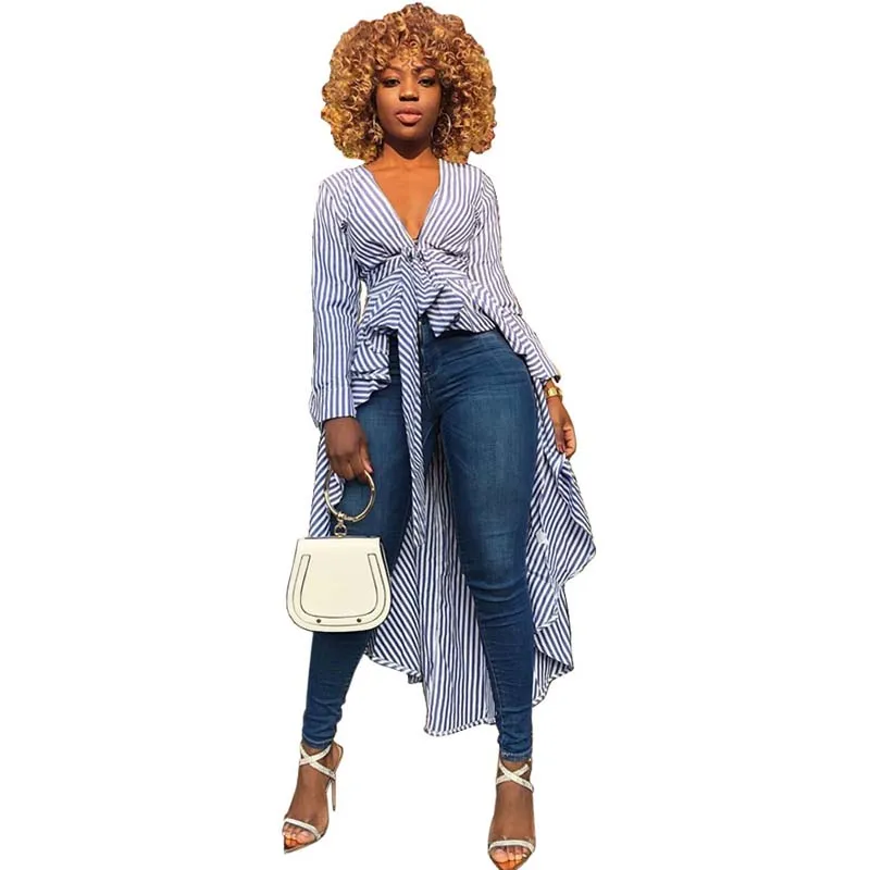 

African Clothes Striped Shirt Women Long Sleeve Deep V-Neck High Waist Irregular Long Tops Asymmetrical Robe Dashiki Tee