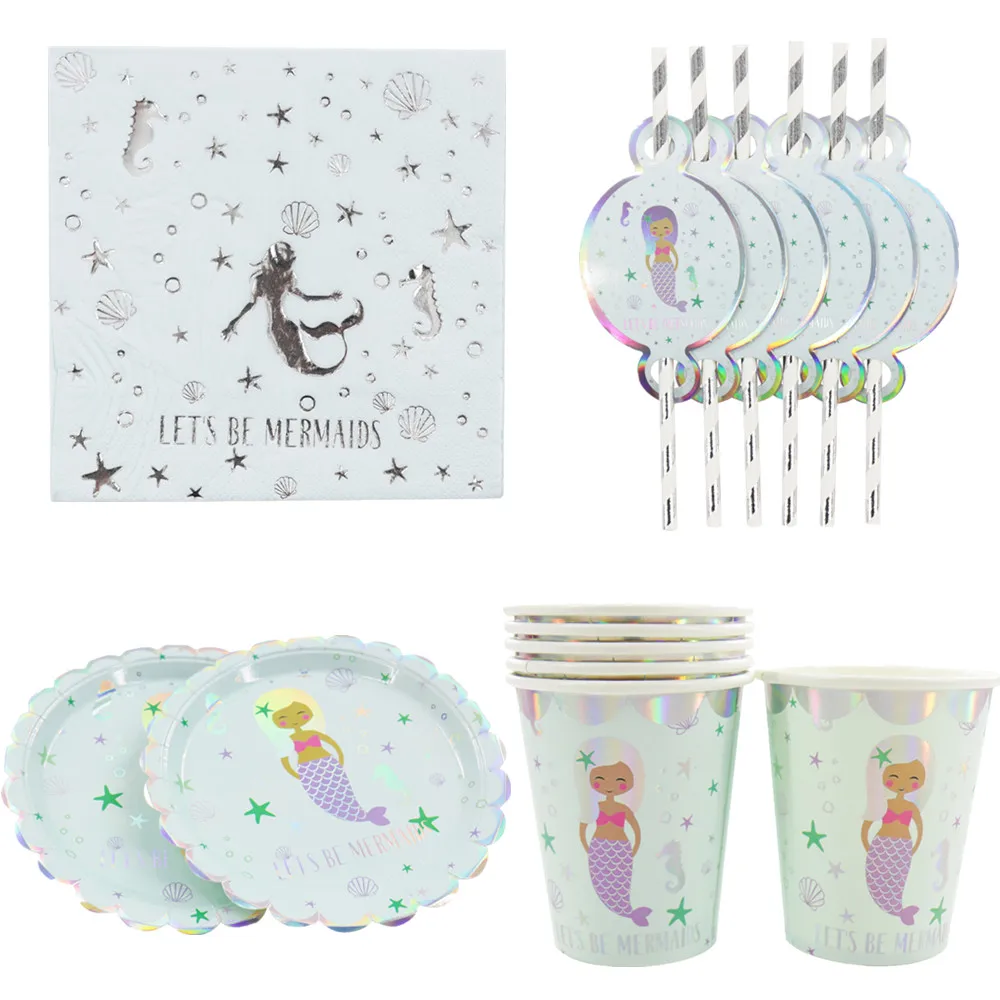 Украшение на день рождения, бумажная тарелка в виде русалки, стаканчик, соломенная одноразовая посуда, Детские вечерние принадлежности для девочек, украшения для рукоделия, товары