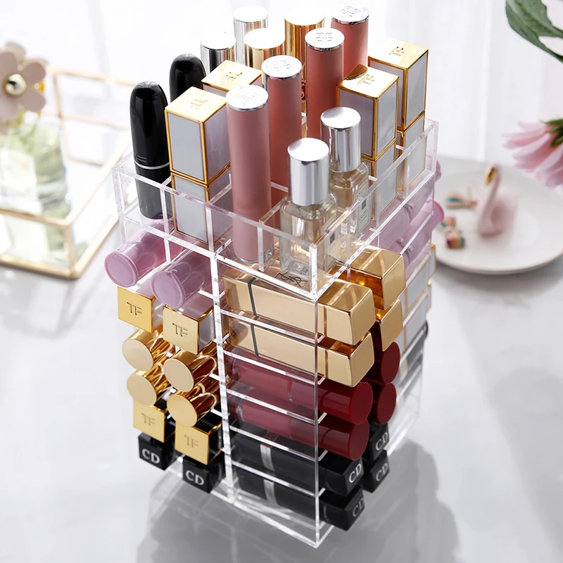 

ANFEI Rotating Acrylic Makeup Organizer Storage Case Lipstick Holder Boxes Rotating Lip Gloss Display Boxes 64 bottles C5132