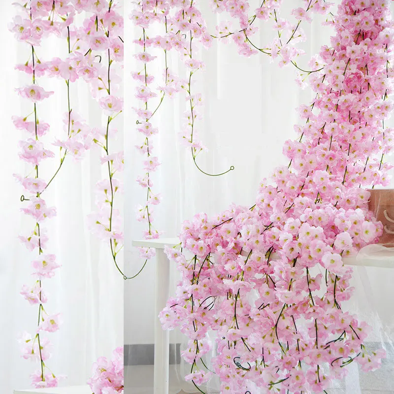 

1pcs Artificial Cherry Blossom Vines 2M Hanging Silk Flowers Garland for Wedding HG99