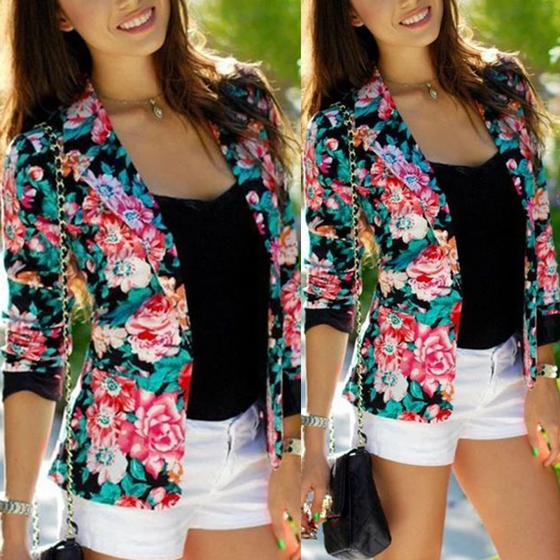 Womens Floral Long Sleeve Coat V Neck Short Outwear Overcoat Jacket Casual Party