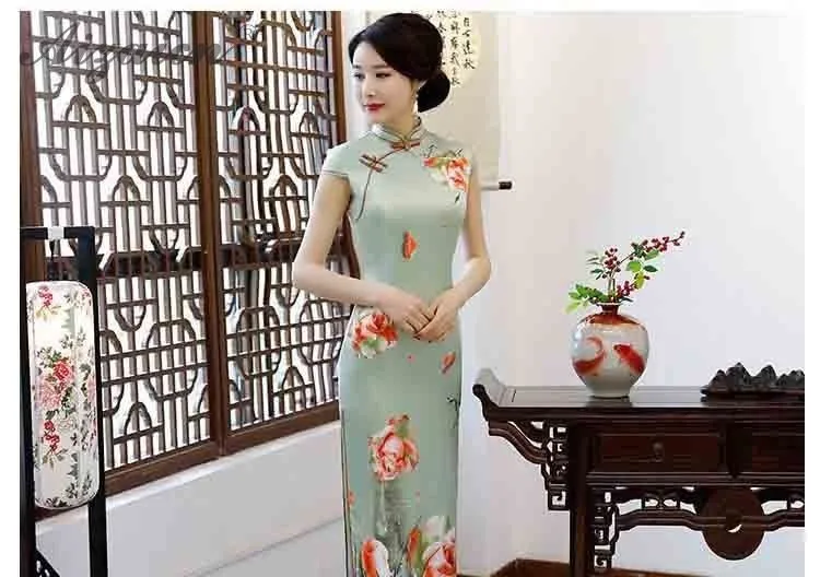 2019 Новый печати Cheongsam подобные шелковые длинные платья Oriental стиль Qipao для женщин китайское традиционное платье винтажное платье Qi Pao