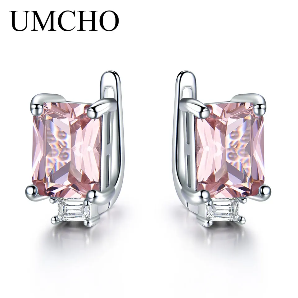 Tanie UMCHO Solid 925 srebro klipsy dla kobiet Rose Pink Morganite Gemstone Wedding modna biżuteria zaręczynowa prezent
