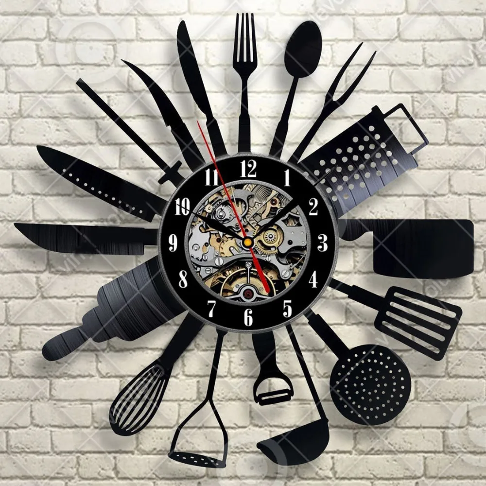 Cutlery Kitchen Utensil Wall Clock Spoon Fork Clock Vinyl