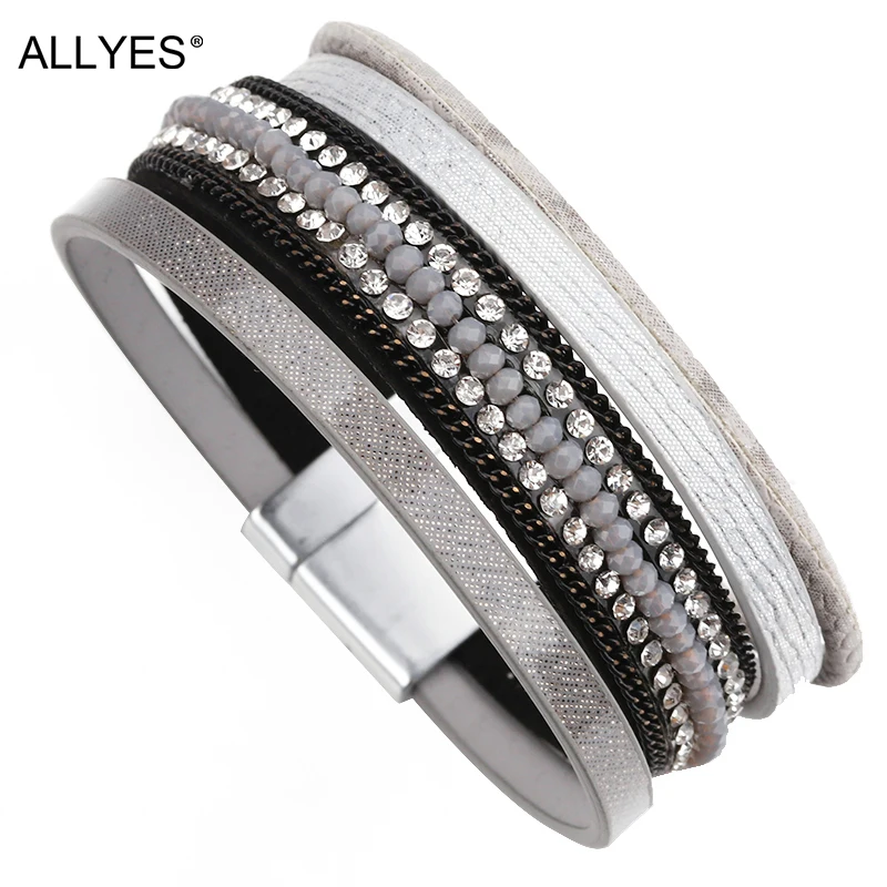 

ALLYES Multilayer Leather Bracelet Female Gray Color Rhinestone Crystal Wide Wrap Bracelets & Bangles For Women Jewelry