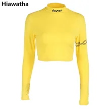 Hiawatha Осенние футболки с длинным рукавом женские желтые топы с буквенным принтом Модная Тонкая футболка T051